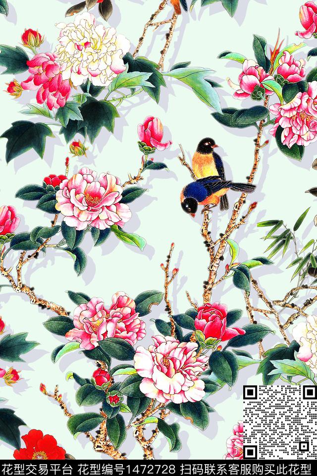 茶花花卉旗袍数码印花华亿平台下载（图片编号: 1472728） - 瓦栏（Walan）