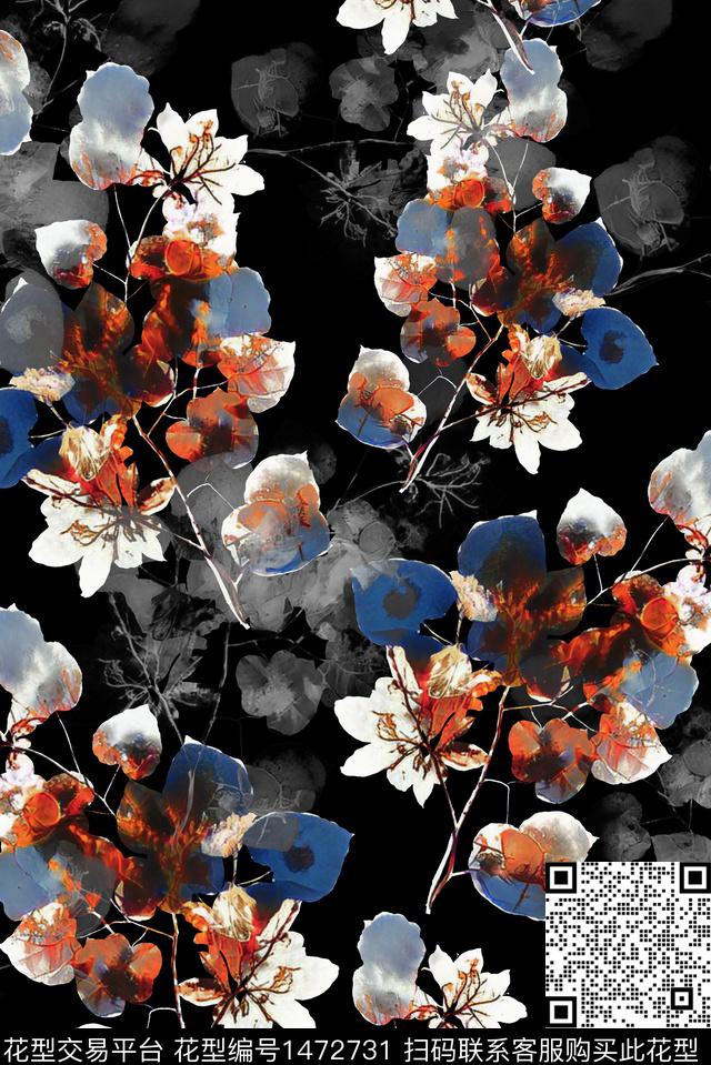 黑底花卉水彩数码华亿平台数码印花华亿平台下载（图片编号: 1472731） - 瓦栏（Walan）
