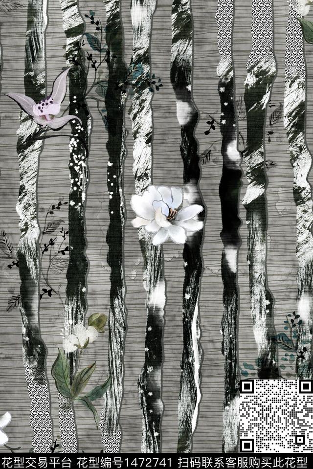 中国风手绘花卉条纹数码印花华亿平台下载（图片编号: 1472741） - 瓦栏（Walan）