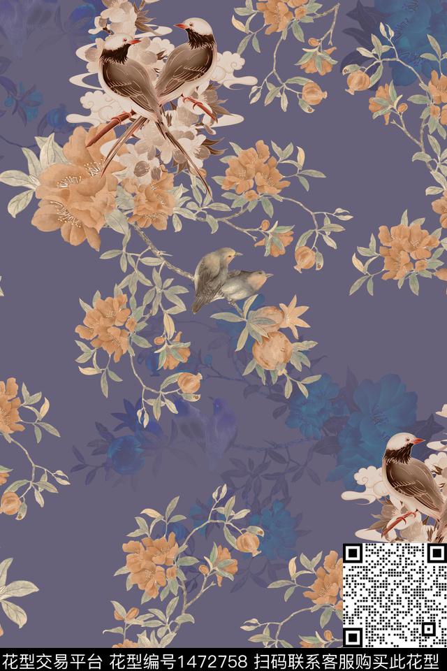 中国风花鸟香云纱数码印花华亿平台下载（图片编号: 1472758） - 瓦栏（Walan）