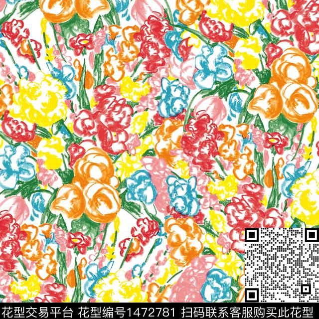 小碎花手绘花卉蜡笔画数码印花华亿平台下载（图片编号: 1472781） - 瓦栏（Walan）