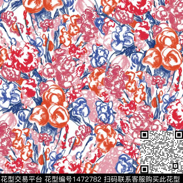 小碎花手绘花卉蜡笔画数码印花华亿平台下载（图片编号: 1472782） - 瓦栏（Walan）