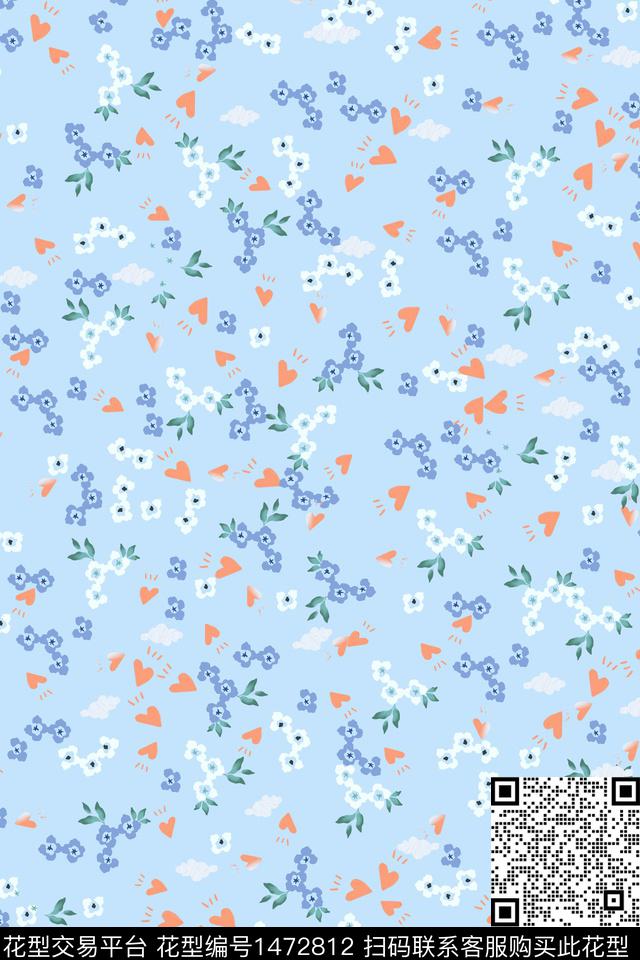 爱心蓝色花卉数码印花华亿平台下载（图片编号: 1472812） - 瓦栏（Walan）