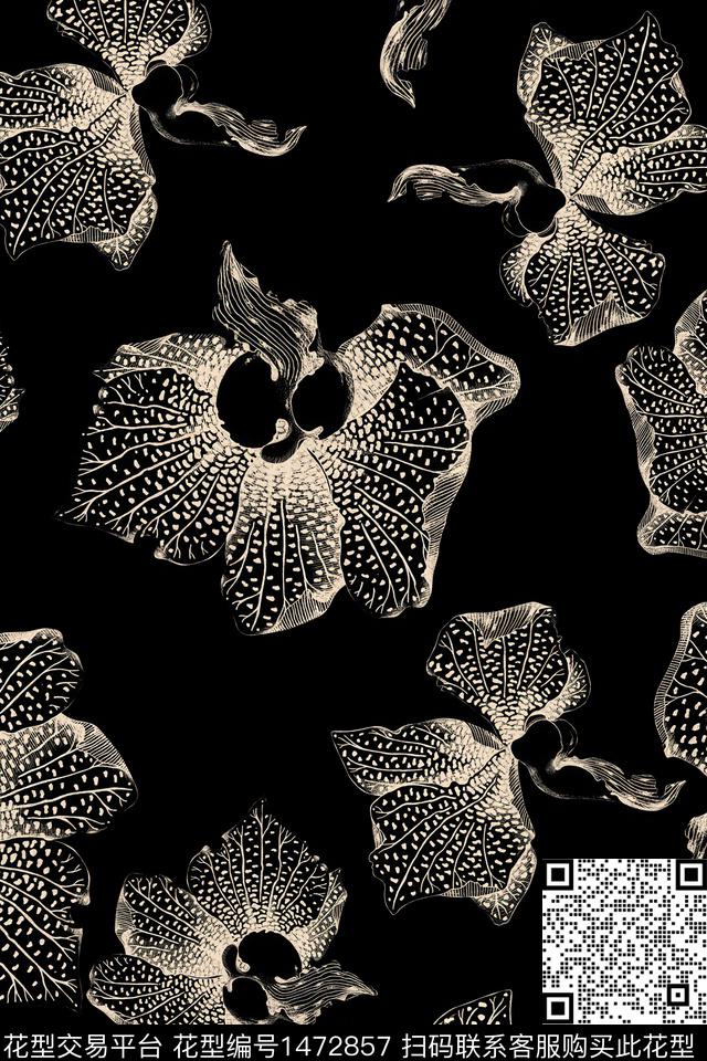黑底花卉花卉大牌风数码印花华亿平台下载（图片编号: 1472857） - 瓦栏（Walan）