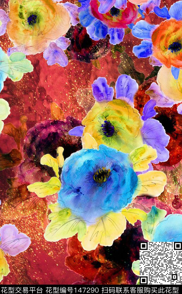 花卉大花水墨数码印花华亿平台下载（图片编号: 147290） - 瓦栏（Walan）