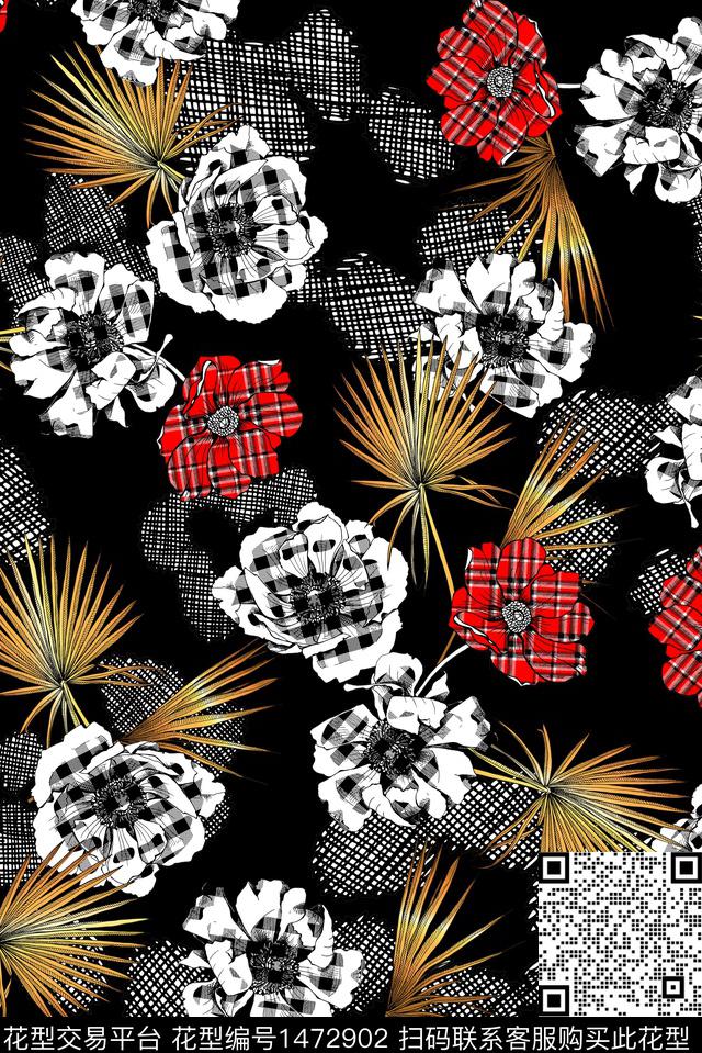 黑底花卉满版散花中老年花卉数码印花华亿平台下载（图片编号: 1472902） - 瓦栏（Walan）