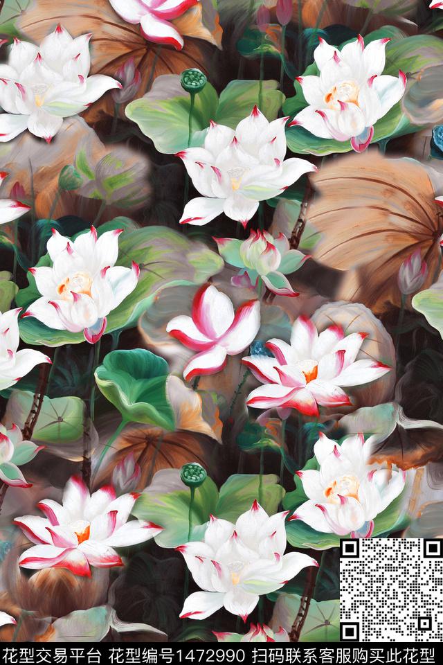 荷花旗袍大牌风数码印花华亿平台下载（图片编号: 1472990） - 瓦栏（Walan）
