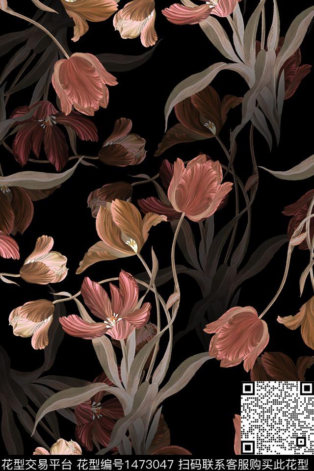 黑底花卉大牌风香云纱数码印花华亿平台下载（图片编号: 1473047） - 瓦栏（Walan）