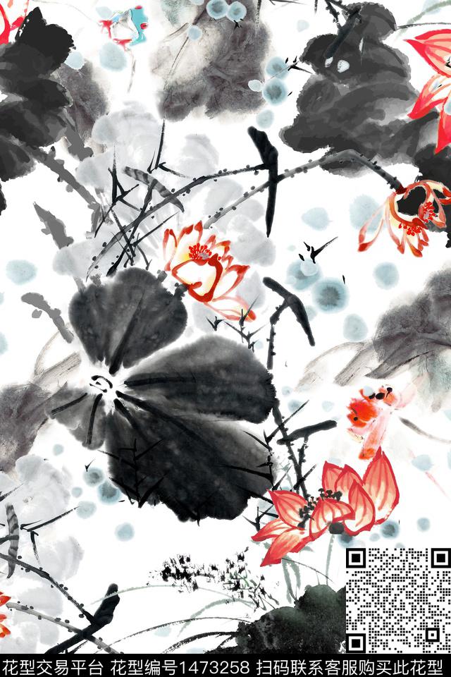 荷花水墨风旗袍数码印花华亿平台下载（图片编号: 1473258） - 瓦栏（Walan）