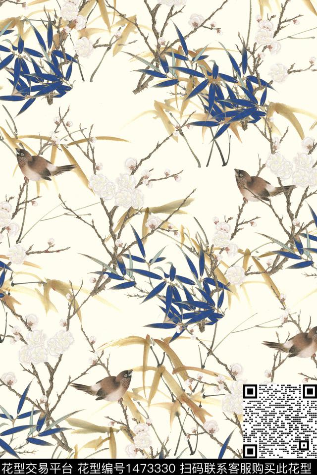 花鸟香云纱竹子数码印花华亿平台下载（图片编号: 1473330） - 瓦栏（Walan）