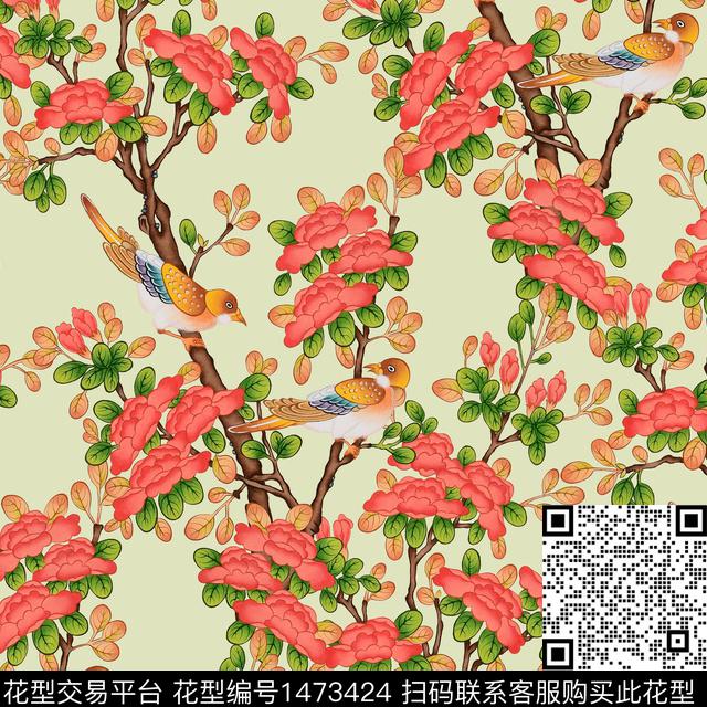 花鸟玫瑰花大牌风数码印花华亿平台下载（图片编号: 1473424） - 瓦栏（Walan）