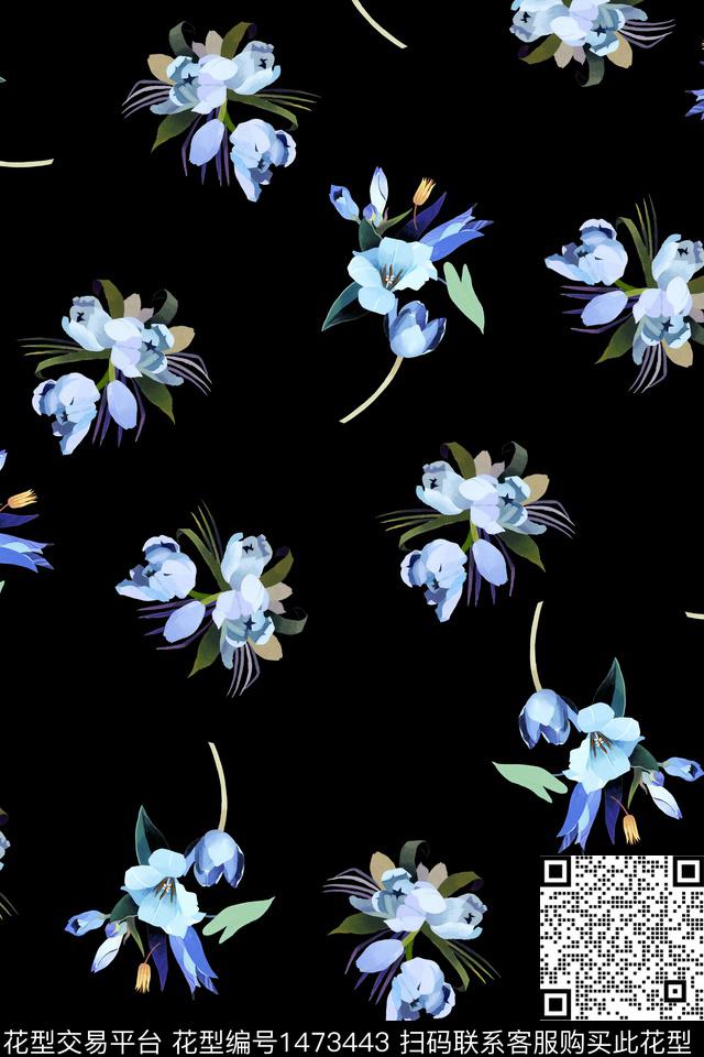 黑底花卉大牌风小清新数码印花华亿平台下载（图片编号: 1473443） - 瓦栏（Walan）