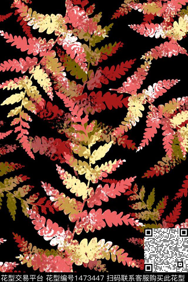 黑底花卉绿植树叶花卉数码印花华亿平台下载（图片编号: 1473447） - 瓦栏（Walan）