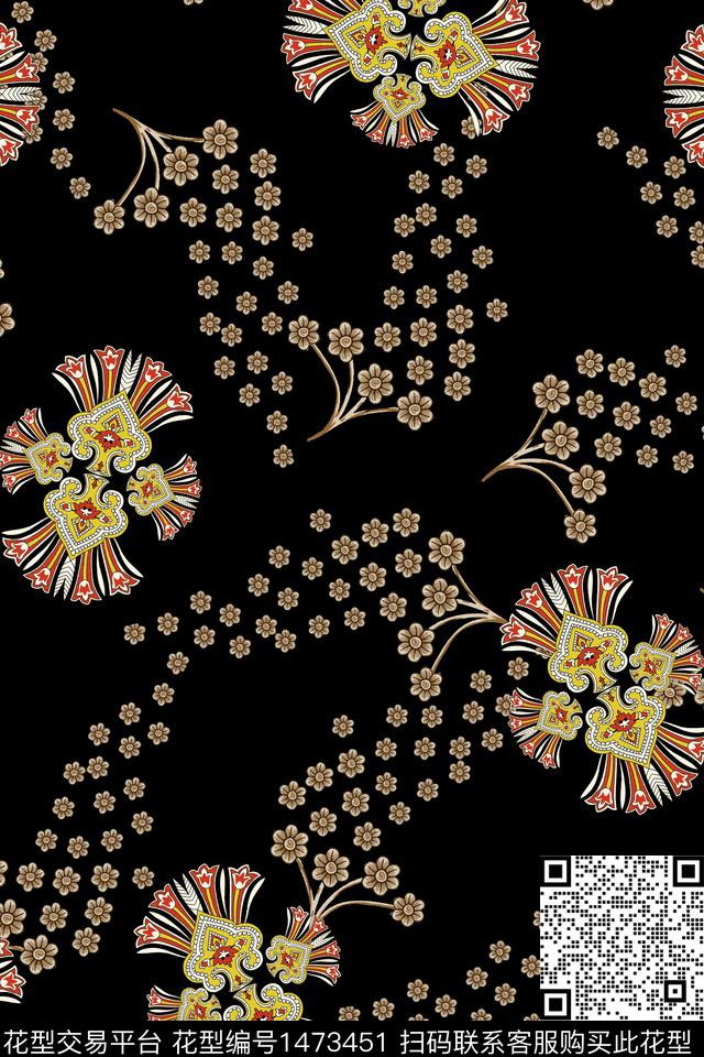 黑底花卉花卉大牌风数码印花华亿平台下载（图片编号: 1473451） - 瓦栏（Walan）
