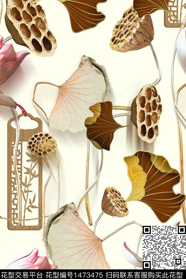 荷花藕中国风数码印花华亿平台下载（图片编号: 1473475） - 瓦栏（Walan）