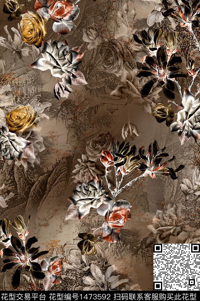 花卉香云纱中国风数码印花华亿平台下载（图片编号: 1473592） - 瓦栏（Walan）