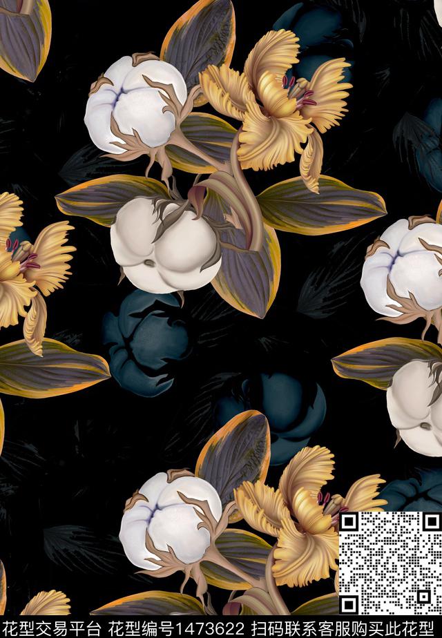 黑底花卉中老年花卉抽象花卉数码印花华亿平台下载（图片编号: 1473622） - 瓦栏（Walan）