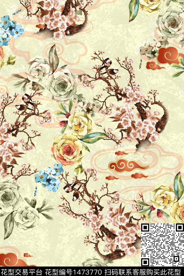 水彩绿植树叶旗袍数码印花华亿平台下载（图片编号: 1473770） - 瓦栏（Walan）