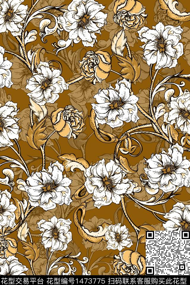 绿植树叶抽象花卉大牌风传统印花华亿平台下载（图片编号: 1473775） - 瓦栏（Walan）