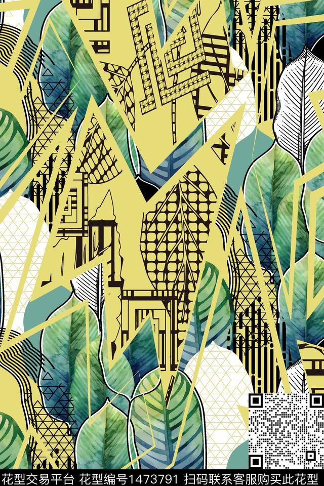 插画线条几何花卉数码印花华亿平台下载（图片编号: 1473791） - 瓦栏（Walan）