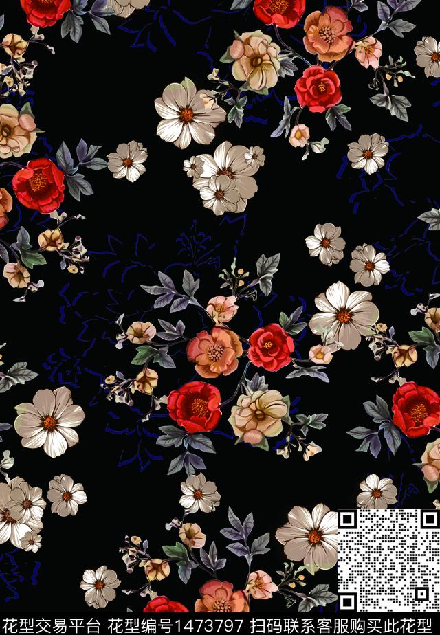 黑底花卉中老年花卉小碎花数码印花华亿平台下载（图片编号: 1473797） - 瓦栏（Walan）