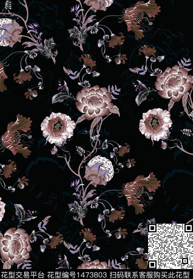 黑底花卉中老年花卉复古数码印花华亿平台下载（图片编号: 1473803） - 瓦栏（Walan）