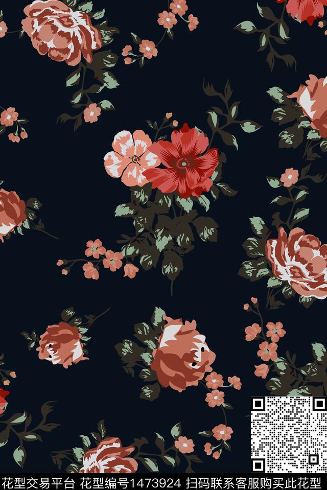 黑底花卉审手绘花卉数码印花华亿平台下载（图片编号: 1473924） - 瓦栏（Walan）