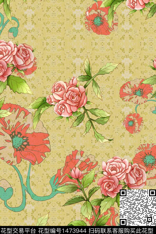 几何花卉大牌风数码印花华亿平台下载（图片编号: 1473944） - 瓦栏（Walan）