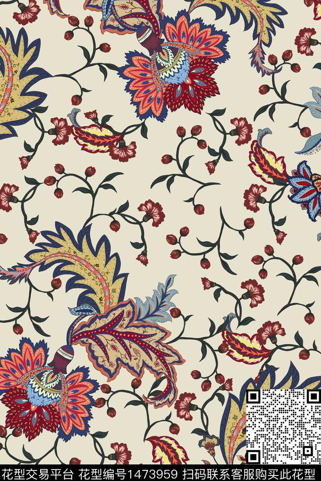 民族风抽象手绘花纹数码印花华亿平台下载（图片编号: 1473959） - 瓦栏（Walan）