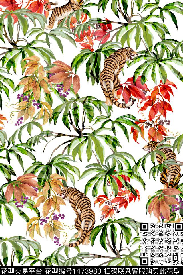 水彩绿植树叶老虎数码印花华亿平台下载（图片编号: 1473983） - 瓦栏（Walan）
