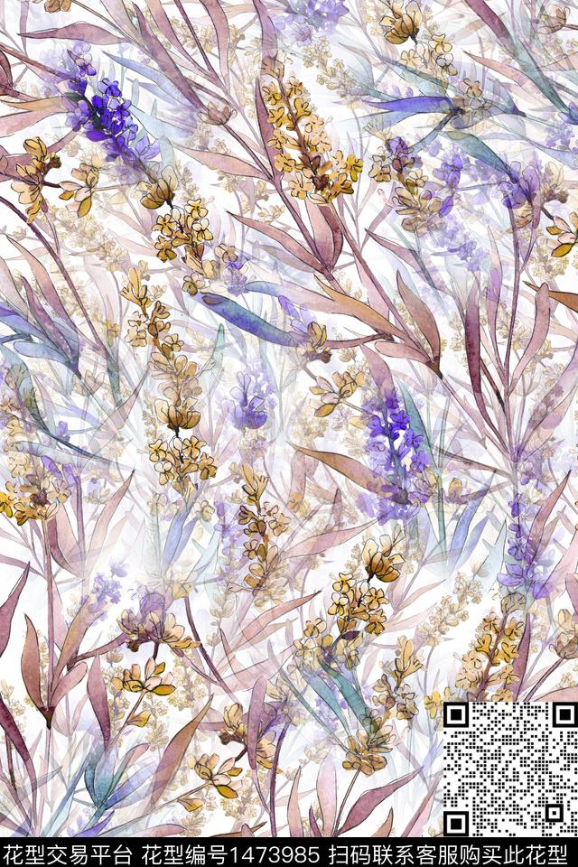 水彩绿植树叶传统纹样数码印花华亿平台下载（图片编号: 1473985） - 瓦栏（Walan）