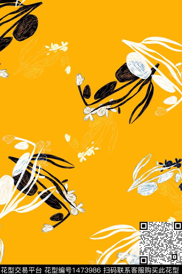 水彩绿植树叶传统纹样数码印花华亿平台下载（图片编号: 1473986） - 瓦栏（Walan）