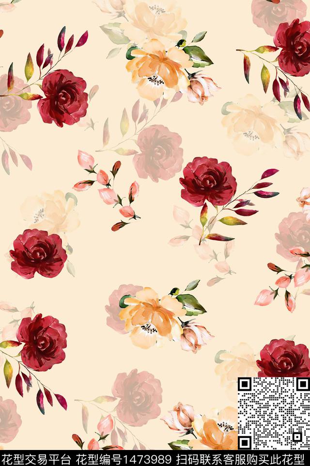 水彩绿植树叶传统纹样数码印花华亿平台下载（图片编号: 1473989） - 瓦栏（Walan）