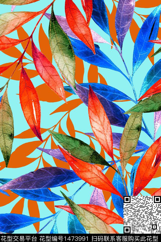 水彩绿植树叶大牌风数码印花华亿平台下载（图片编号: 1473991） - 瓦栏（Walan）