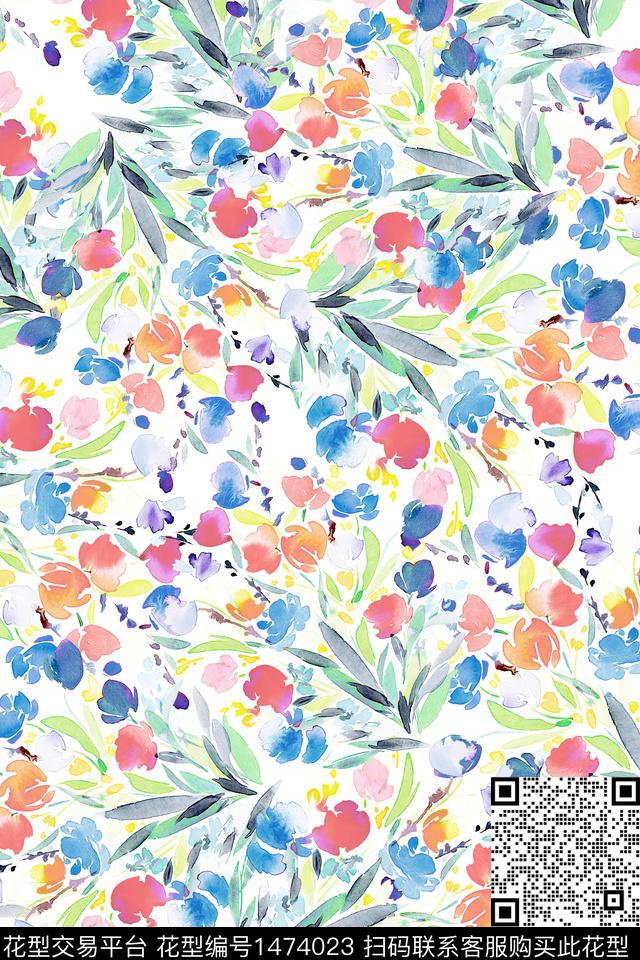 真丝小碎花水彩花卉数码印花华亿平台下载（图片编号: 1474023） - 瓦栏（Walan）