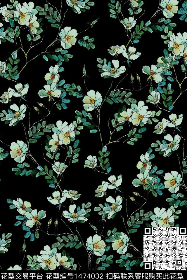 黑底花卉花卉小清新数码印花华亿平台下载（图片编号: 1474032） - 瓦栏（Walan）
