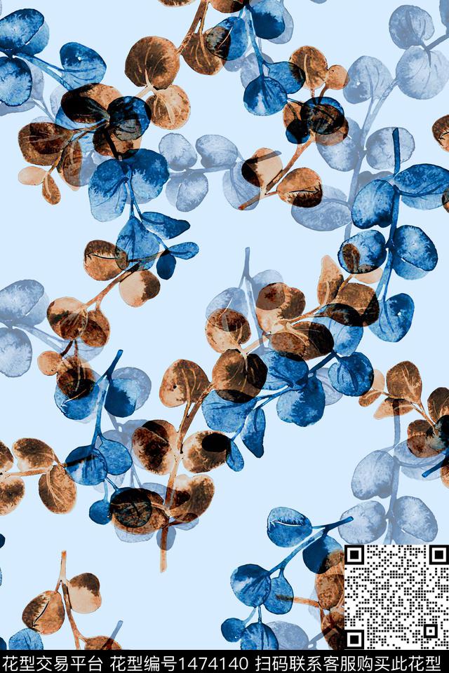 水彩绿植树叶大牌风数码印花华亿平台下载（图片编号: 1474140） - 瓦栏（Walan）