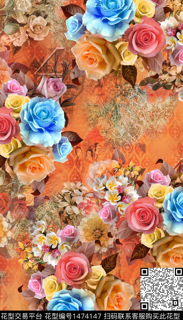 时尚花卉真丝数码印花华亿平台下载（图片编号: 1474147） - 瓦栏（Walan）