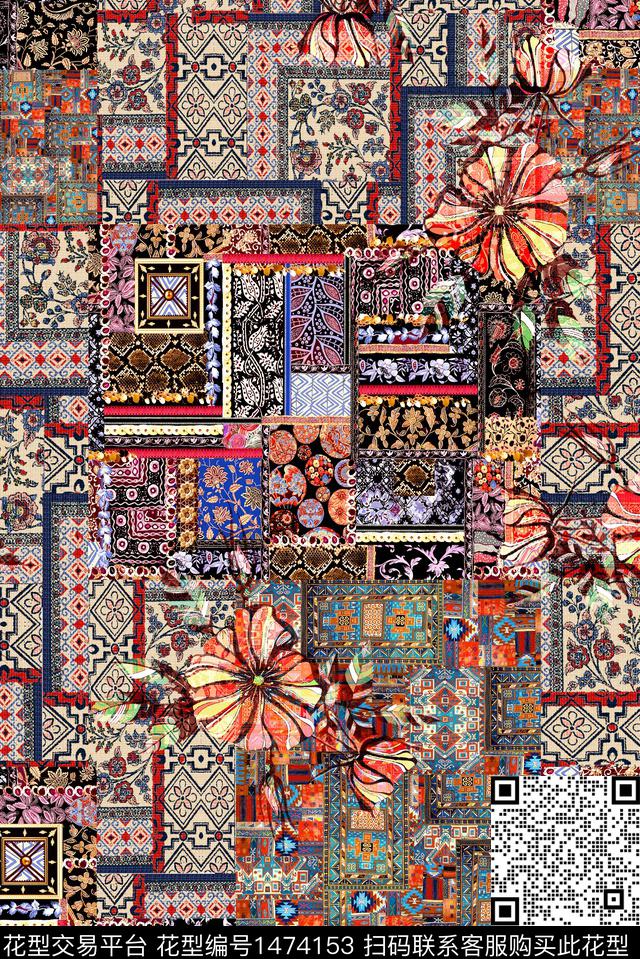 民族风混合拼接花纹数码印花华亿平台下载（图片编号: 1474153） - 瓦栏（Walan）