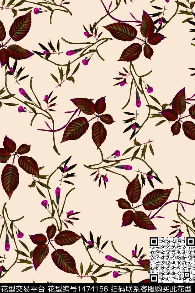 真丝抽象绿植树叶数码印花华亿平台下载（图片编号: 1474156） - 瓦栏（Walan）