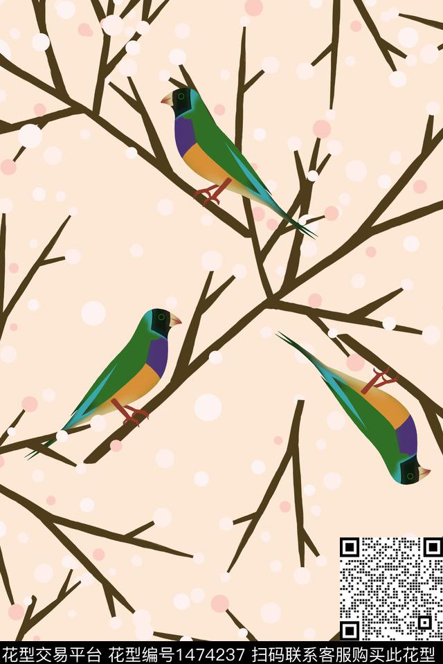 花鸟手绘植物数码印花华亿平台下载（图片编号: 1474237） - 瓦栏（Walan）