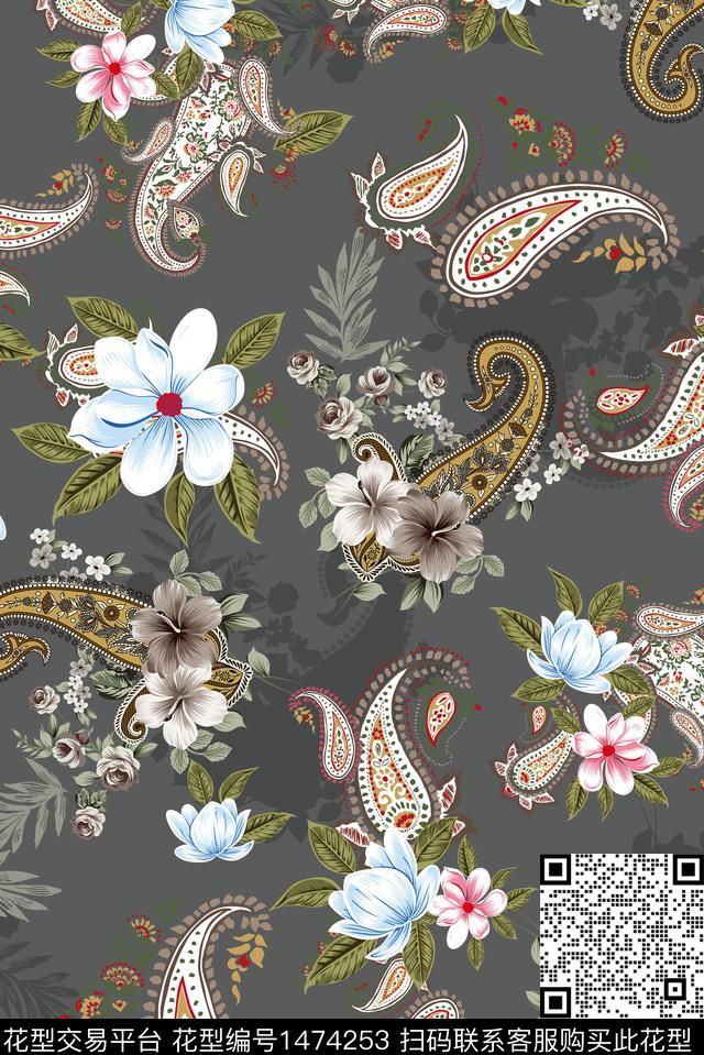 佩斯利花卉植物数码印花华亿平台下载（图片编号: 1474253） - 瓦栏（Walan）