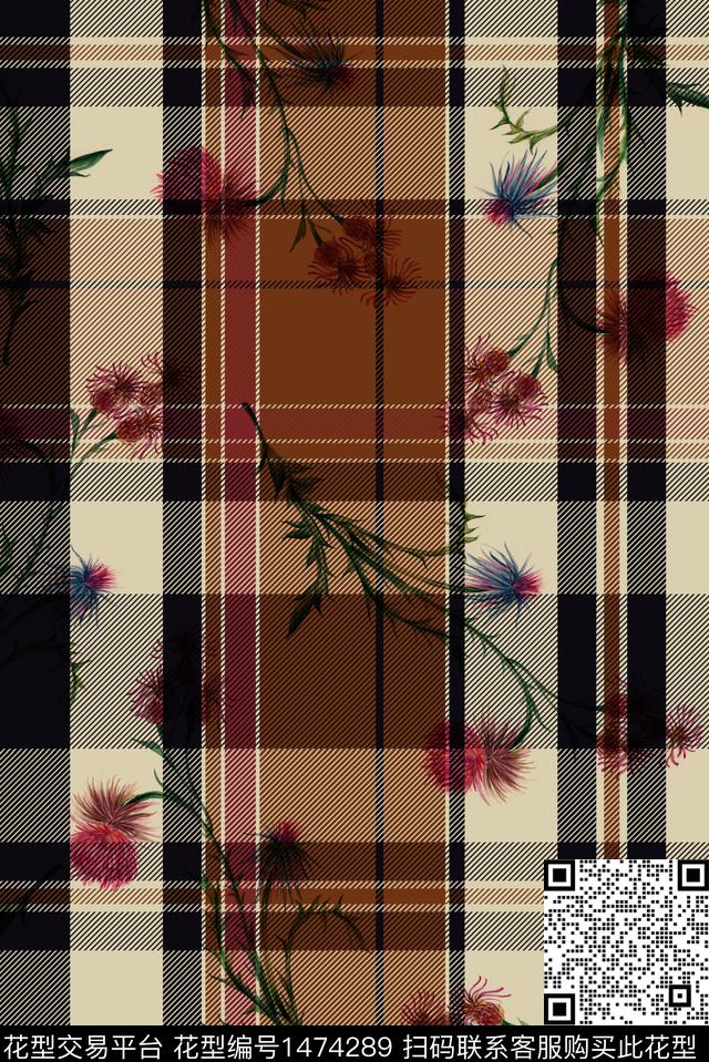 格子花卉植物数码印花华亿平台下载（图片编号: 1474289） - 瓦栏（Walan）