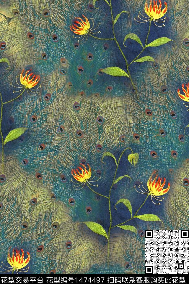 复古花卉大牌风数码印花华亿平台下载（图片编号: 1474497） - 瓦栏（Walan）