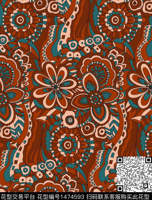 彩底花卉格子几何传统印花华亿平台下载（图片编号: 1474593） - 瓦栏（Walan）