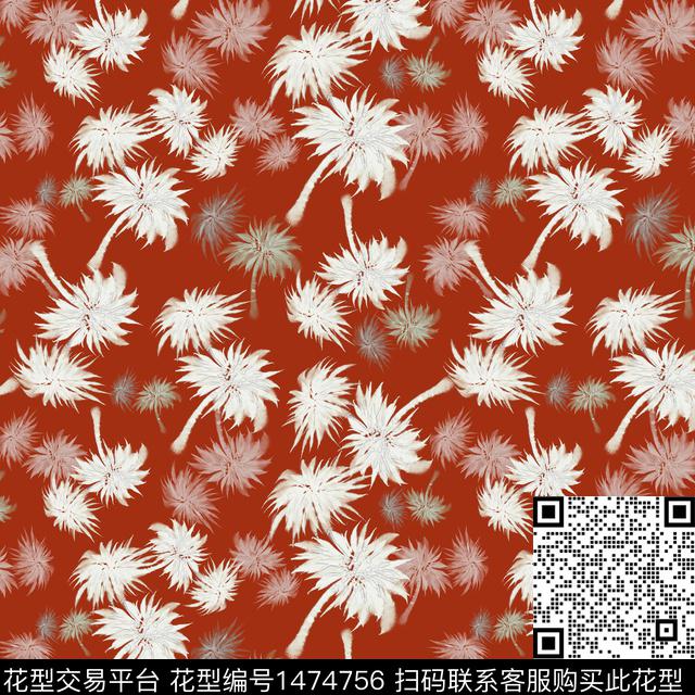 椰子树热带华亿平台手绘花卉数码印花华亿平台下载（图片编号: 1474756） - 瓦栏（Walan）