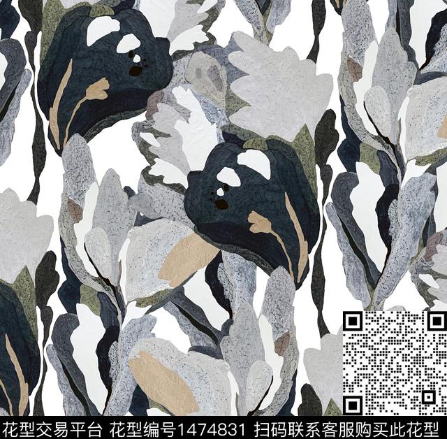 手绘大花肌理花卉几何数码印花华亿平台下载（图片编号: 1474831） - 瓦栏（Walan）