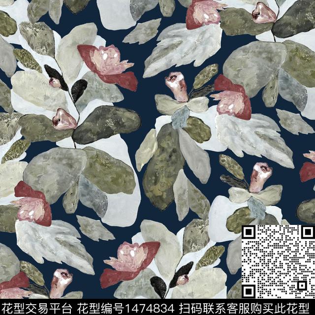 手绘大花肌理花卉几何数码印花华亿平台下载（图片编号: 1474834） - 瓦栏（Walan）