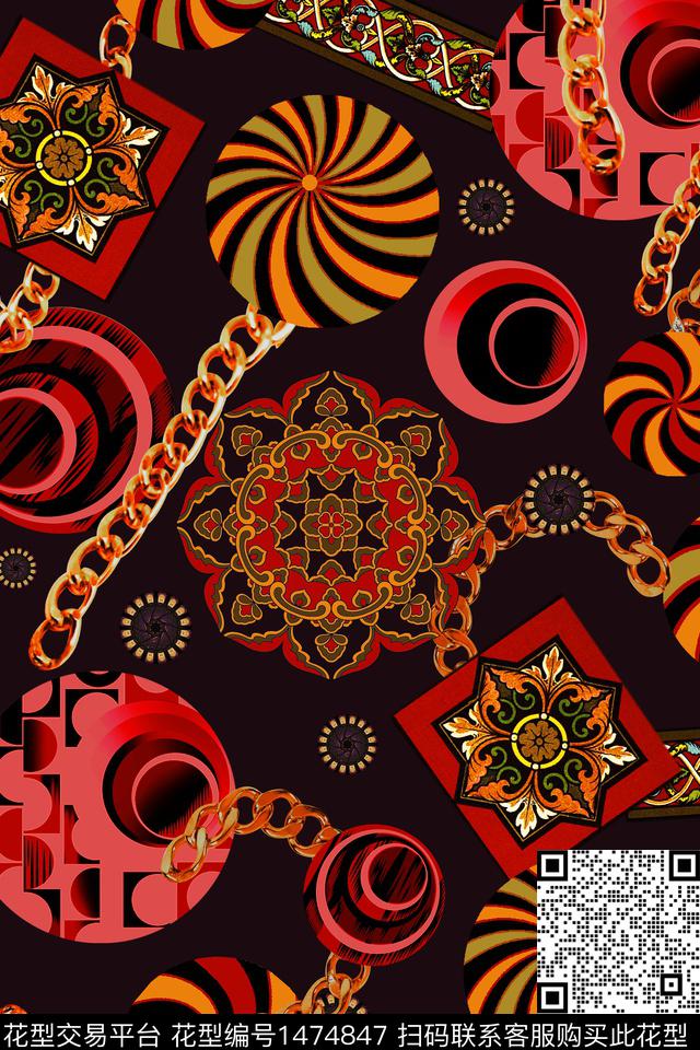 几何民族风复古数码印花华亿平台下载（图片编号: 1474847） - 瓦栏（Walan）