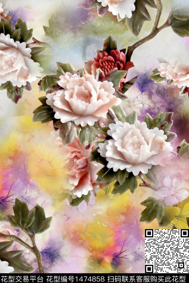 中国风花卉装饰花卉数码印花华亿平台下载（图片编号: 1474858） - 瓦栏（Walan）